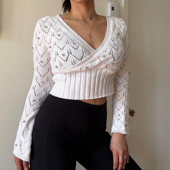 Coquette White Cropped Knit Wrap Sweater Pearls - Picture 3 of 4